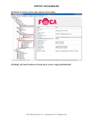 [PENTEST LAB ÇALIŞMALARI]
BGA Bilgi Güvenliğ i A.Ş . | www.bga.com.tr | @bgasecurity
Ağ tabanlı bir tarama bitince elde edilecek ekran alıntısı;
Görüldüğü gibi hedef sisteme ait birçok ağ ve sunucu bilgisi getirilebilmiştir.
 