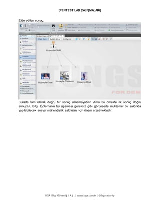 [PENTEST LAB ÇALIŞMALARI]
BGA Bilgi Güvenliğ i A.Ş . | www.bga.com.tr | @bgasecurity
Elde edilen sonuç:
Burada tam olarak doğru bir sonuç alınamayabilir. Ama bu örnekte ilk sonuç doğru
sonuçtur. Bilgi toplamanın bu aşaması gereksiz gibi görünsede muhtemel bir saldırıda
yapılabilecek sosyal mühendislik saldırıları için önem arzetmektedir.
 