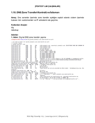 [PENTEST LAB ÇALIŞMALARI]
BGA Bilgi Güvenliğ i A.Ş . | www.bga.com.tr | @bgasecurity
1.10. DNS Zone TransferiKontrolü ve İstismarı
Amaç: Dns serverlar üzerinde zone transfer açıklığını exploit ederek sistem üzerinde
bulunan tüm subdomainleri ve IP adreslerini ele geçirme.
Kullanılan Araçlar:
dig
nslookup
Adımlar:
1. Adım: Dig ile DNS zone transfer yapma
 