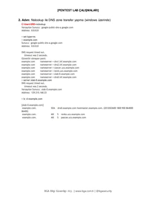 [PENTEST LAB ÇALIŞMALARI]
BGA Bilgi Güvenliğ i A.Ş . | www.bga.com.tr | @bgasecurity
2. Adım: Nslookup ile DNS zone transfer yapma (windows üzerinde)
 