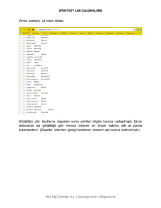 [PENTEST LAB ÇALIŞMALARI]
BGA Bilgi Güvenliğ i A.Ş . | www.bga.com.tr | @bgasecurity
Örnek aramaya ait ekran alıntısı;
Görüldüğü gibi, hackleme olayından sonra edinilen bilgiler burada paylaşılmıştır. Ekran
alıntısından da görüldüğü gibi mevcut sisteme ait birçok kullanıcı adı ve parola
bulunmaktadır (Güvenlik önlemleri gereği hacklenen sistemin adı burada verilmemiştir).
 