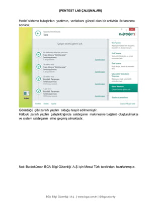 [PENTEST LAB ÇALIŞMALARI]
BGA Bilgi Güvenliğ i A.Ş . | www.bga.com.tr | @bgasecurity
Hedef sisteme bulaştırılan yazılımın, veritabanı güncel olan bir antivirüs ile taranma
sonucu;
Görüldüğü gibi zararlı yazılım olduğu tespit edilmemiştir.
Hâlbuki zararlı yazılım çalıştırıldığında saldırganın makinesine bağlantı oluşturulmakta
ve sistem saldırganın eline geçmiş olmaktadır.
Not: Bu doküman BGA Bilgi Güvenliği A.Ş için Mesut Türk tarafından hazırlanmıştır.
 