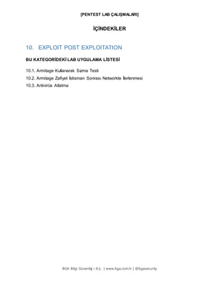 [PENTEST LAB ÇALIŞMALARI]
BGA Bilgi Güvenliğ i A.Ş . | www.bga.com.tr | @bgasecurity
İÇİNDEKİLER
10. EXPLOIT POST EXPLOITATION
BU KATEGORİDEKİ LAB UYGULAMA LİSTESİ
10.1. Armitage Kullanarak Sızma Testi
10.2. Armitage Zafiyet İstismarı Sonrası Networkte İlerlenmesi
10.3. Antivirüs Atlatma
 