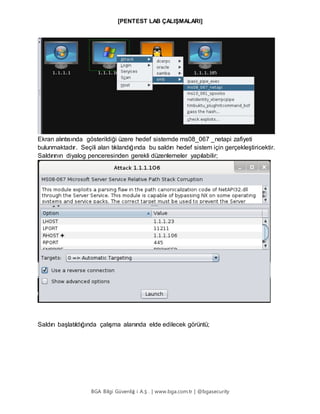 [PENTEST LAB ÇALIŞMALARI]
BGA Bilgi Güvenliğ i A.Ş . | www.bga.com.tr | @bgasecurity
Ekran alıntısında gösterildiği üzere hedef sistemde ms08_067 _netapi zafiyeti
bulunmaktadır. Seçili alan tıklandığında bu saldırı hedef sistem için gerçekleştiricektir.
Saldırının diyalog penceresinden gerekli düzenlemeler yapılabilir;
Saldırı başlatıldığında çalışma alanında elde edilecek görüntü;
 