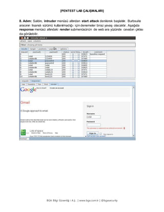 [PENTEST LAB ÇALIŞMALARI]
BGA Bilgi Güvenliğ i A.Ş . | www.bga.com.tr | @bgasecurity
8. Adım: Saldırı, intruder menüsü altından start attack denilerek başlatılır. Burbsuite
aracının lisanslı sürümü kullanılmadığı için denemeler biraz yavaş olacaktır. Aşağıda
response menüsü altındaki render submenüsünün de web ara yüzünde cevabın çıktısı
da görülebilir.
 