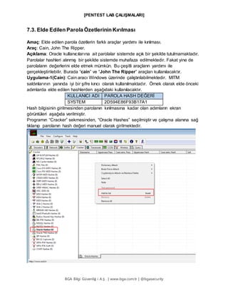 [PENTEST LAB ÇALIŞMALARI]
BGA Bilgi Güvenliğ i A.Ş . | www.bga.com.tr | @bgasecurity
7.3. Elde Edilen Parola Özetlerinin Kırılması
Amaç: Elde edilen parola özetlerin farklı araçlar yardımı ile kırılması.
Araç: Cain, John The Ripper.
Açıklama: Oracle kullanıcılarına ait parolalar sistemde açık bir şekilde tutulmamaktadır.
Parolalar hashleri alınmış bir şekilde sistemde muhafaza edilmektedir. Fakat yine de
parolaların değerlerini elde etmek mümkün. Bu çeşitli araçların yardımı ile
gerçekleştirilebilir. Burada “cain” ve “John The Ripper” araçları kullanılacaktır.
Uygulama-1(Cain): Cain aracı Windows üzerinde çalıştırılabilmektedir. MITM
saldırılarının yanında iyi bir şifre kırıcı olarak kullanılmaktadır. Örnek olarak elde önceki
adımlarda elde edilen hashlerden aşağıdaki kullanılacaktır.
KULLANICI ADI PAROLA HASH DEĞERİ
SYSTEM 2D594E86F93B17A1
Hash bilgisinin girilmesinden parolanın kırılmasına kadar olan adımların ekran
görüntüleri aşağıda verilmiştir.
Programın “Cracker” sekmesinden, “Oracle Hashes” seçilmiştir ve çalışma alanına sağ
tıklanıp parolanın hash değeri manuel olarak girilmektedir.
 