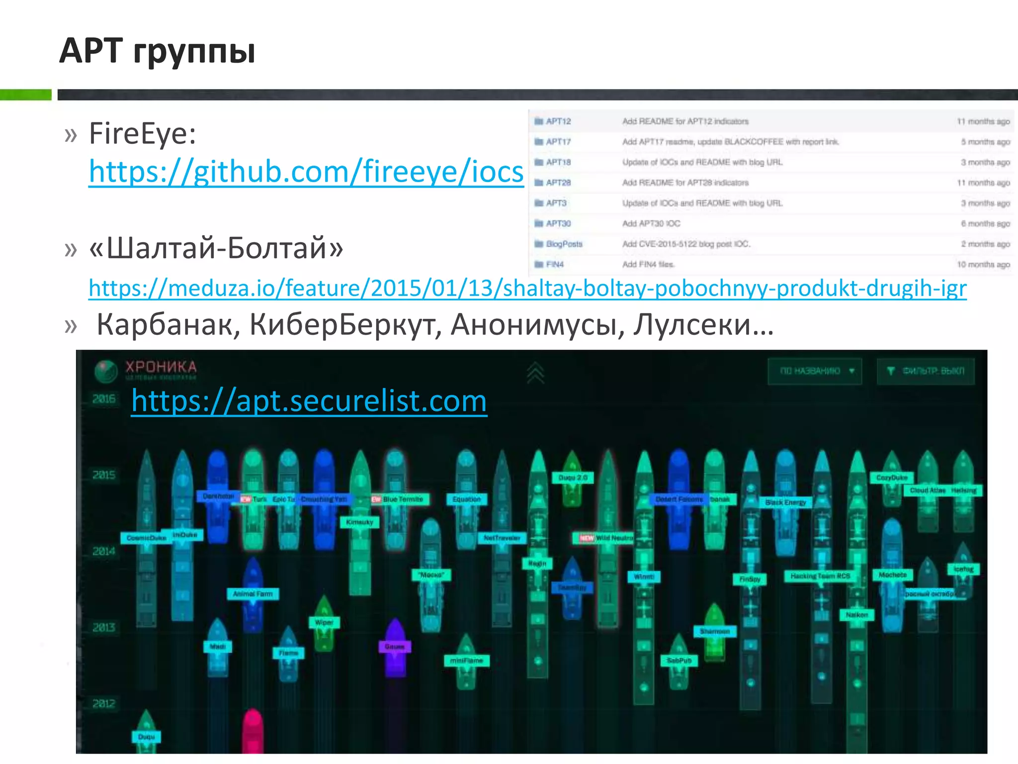 » FireEye:
https://github.com/fireeye/iocs
» «Шалтай-Болтай»
https://meduza.io/feature/2015/01/13/shaltay-boltay-pobochnyy-produkt-drugih-igr
» Карбанак, КиберБеркут, Анонимусы, Лулсеки…
https://apt.securelist.com
APT группы
 