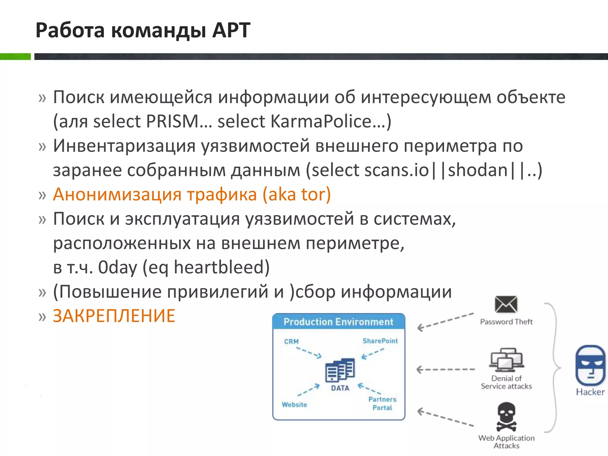 » Поиск имеющейся информации об интересующем объекте
(аля select PRISM… select KarmaPolice…)
» Инвентаризация уязвимостей внешнего периметра по
заранее собранным данным (select scans.io||shodan||..)
» Анонимизация трафика (aka tor)
» Поиск и эксплуатация уязвимостей в системах,
расположенных на внешнем периметре,
в т.ч. 0day (eq heartbleed)
» (Повышение привилегий и )сбор информации
» ЗАКРЕПЛЕНИЕ
Работа команды APT
 