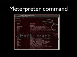Meterpreter
Exploiting a vulnerability
Select a meterpreter as a payload
meterpreter shell
 