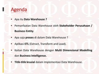 Agenda
 Apa itu Data Warehouse ?

 Pemanfaatan Data Warehouse oleh Stakeholder Perusahaan /
   Business Entity.

 Apa saja proses di dalam Data Warehouse ?

 Aplikasi ETL (Extract, Transform and Load).

 Kaitan Data Warehouse dengan Multi Dimensional Modelling
   dan Business Intelligence.

 Titik-titik krusial dalam Implementasi Data Warehouse.
 