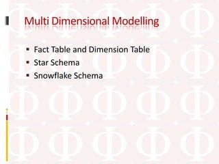 Multi Dimensional Modelling

 Fact Table and Dimension Table
 Star Schema
 Snowflake Schema
 