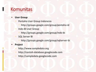 Komunitas
 User Group
    Pentaho User Group Indonesia
      http://groups.google.com/group/pentaho-id
    Indo-BI User Group
      http://groups.google.com/group/indo-bi
    SQL Server BI
      http://groups.google.com/group/sqlserver-bi
 Project
    http://www.sampledata.org
    http://contoh-database.googlecode.com
    http://sampledata.googlecode.com
 