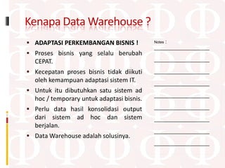 Kenapa Data Warehouse ?
 ADAPTASI PERKEMBANGAN BISNIS !               :
                                           Notes
                                           ____________________
 Proses bisnis yang selalu berubah
  CEPAT.                                   ____________________

 Kecepatan proses bisnis tidak diikuti    ____________________
  oleh kemampuan adaptasi sistem IT.       ____________________
 Untuk itu dibutuhkan satu sistem ad
                                           ____________________
  hoc / temporary untuk adaptasi bisnis.
 Perlu data hasil konsolidasi output      ____________________

  dari sistem ad hoc dan sistem            ____________________
  berjalan.
                                           ____________________
 Data Warehouse adalah solusinya.
                                           ____________________
 