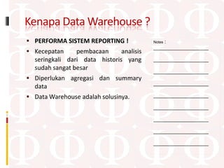Kenapa Data Warehouse ?
 PERFORMA SISTEM REPORTING !                 :
                                          Notes
                                          ____________________
 Kecepatan     pembacaan      analisis
  seringkali dari data historis yang      ____________________
  sudah sangat besar                      ____________________
 Diperlukan agregasi dan summary
                                          ____________________
  data
 Data Warehouse adalah solusinya.        ____________________

                                          ____________________

                                          ____________________

                                          ____________________

                                          ____________________
 