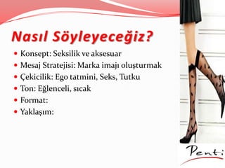 Nasıl Söyleyeceğiz?
 Konsept: Seksilik ve aksesuar
 Mesaj Stratejisi: Marka imajı oluşturmak
 Çekicilik: Ego tatmini, Seks, Tutku
 Ton: Eğlenceli, sıcak
 Format:
 Yaklaşım:
 