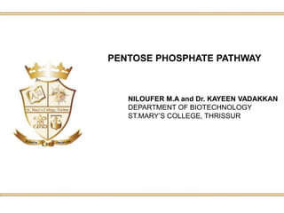 PENTOSE PHOSPHATE PATHWAY
NILOUFER M.A and Dr. KAYEEN VADAKKAN
DEPARTMENT OF BIOTECHNOLOGY
ST.MARY’S COLLEGE, THRISSUR
 