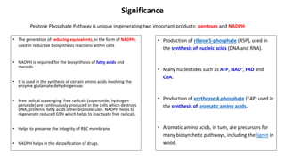 Significance
• The generation of reducing equivalents, in the form of NADPH,
used in reductive biosynthesis reactions within cells
• NADPH is required for the biosynthesis of fatty acids and
steroids.
• It is used in the synthesis of certain amino acids involving the
enzyme glutamate dehydrogenase.
• Free radical scavenging: free radicals (superoxide, hydrogen
peroxide) are continuously produced in the cells which destroys
DNA, proteins, fatty acids other biomolecules. NADPH helps to
regenerate reduced GSH which helps to inactivate free radicals.
• Helps to preserve the integrity of RBC membrane.
• NADPH helps in the detoxification of drugs.
• Production of ribose 5-phosphate (R5P), used in
the synthesis of nucleic acids (DNA and RNA).
• Many nucleotides such as ATP, NAD+, FAD and
CoA.
• Production of erythrose 4-phosphate (E4P) used in
the synthesis of aromatic amino acids.
• Aromatic amino acids, in turn, are precursors for
many biosynthetic pathways, including the lignin in
wood.
Pentose Phosphate Pathway is unique in generating two important products: pentoses and NADPH
 