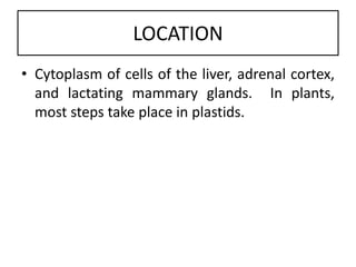 LOCATION
• Cytoplasm of cells of the liver, adrenal cortex,
and lactating mammary glands. In plants,
most steps take place in plastids.
 