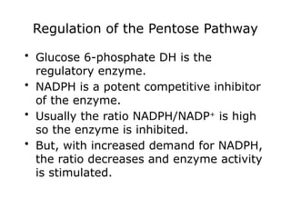 Regulation of the Pentose Pathway
• Glucose 6-phosphate DH is the
regulatory enzyme.
• NADPH is a potent competitive inhibitor
of the enzyme.
• Usually the ratio NADPH/NADP+
is high
so the enzyme is inhibited.
• But, with increased demand for NADPH,
the ratio decreases and enzyme activity
is stimulated.
 