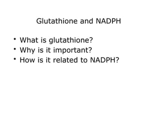 Glutathione and NADPH
• What is glutathione?
• Why is it important?
• How is it related to NADPH?
 