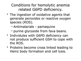 Conditions for hemolytic anemia
related G6PD deficiency.
• The ingestion of oxidative agents that
generate peroxides or reactive oxygen
species (ROS).
– Antimalarials - pamaquine
– purine glycoside from fava beans.
• Individules with G6PD deficiency can
not produce sufficient GSH to cope with
the ROS.
• Proteins become cross linked leading to
Heinz body formation and cell lysis.
 