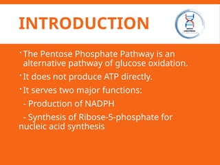 INTRODUCTION
 The Pentose Phosphate Pathway is an
alternative pathway of glucose oxidation.
 It does not produce ATP directly.
 It serves two major functions:
- Production of NADPH
- Synthesis of Ribose-5-phosphate for
nucleic acid synthesis
 