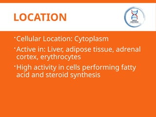 LOCATION
Cellular Location: Cytoplasm
Active in: Liver, adipose tissue, adrenal
cortex, erythrocytes
High activity in cells performing fatty
acid and steroid synthesis
 