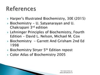  Harper's Illustrated Biochemistry, 30E (2015)
 Biochemistry - U. Satyanarayan and U.
Chakrapani 3rd edition
 Lehninger Principles of Biochemistry, Fourth
Edition - David L. Nelson, Michael M. Cox
 Biochemistry - Garrett And Grisham 2nd Ed
1998
 Biochemistry Stryer 5th Edition repost
 Color Atlas of Biochemistry 2005
For more Visit us:
www.dentaltutor.in
 