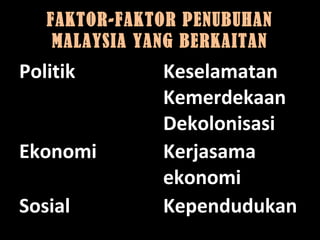 FAKTOR-FAKTOR PENUBUHAN
MALAYSIA YANG BERKAITAN
Politik Keselamatan
Kemerdekaan
Dekolonisasi
Ekonomi Kerjasama
ekonomi
Sosial Kependudukan
 