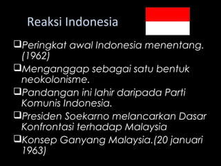 Reaksi Indonesia
Peringkat awal Indonesia menentang.
(1962)
Menganggap sebagai satu bentuk
neokolonisme.
Pandangan ini lahir daripada Parti
Komunis Indonesia.
Presiden Soekarno melancarkan Dasar
Konfrontasi terhadap Malaysia
Konsep Ganyang Malaysia.(20 januari
1963)
 