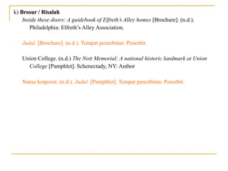 k) Brosur / RisalahBrosur / Risalah
Inside these doors: A guidebook of Elfreth’s Alley homes [Brochure]. (n.d.).
Philadelphia: Elfreth’s Alley Association.
Judul. [Brochure]. (n.d.). Tempat penerbitan: Penerbit.
Union College. (n.d.) The Nott Memorial: A national historic landmark at Union
College [Pamphlet]. Schenectady, NY: Author
Nama korporat. (n.d.). Judul. [Pamphlet]. Tempat penerbitan: Penerbit.
 