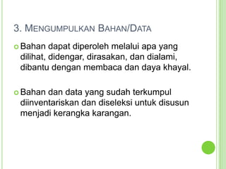 3. Mengumpulkan Bahan/DataBahan dapat diperoleh melalui apa yang dilihat, didengar, dirasakan, dan dialami, dibantu dengan membaca dan daya khayal.Bahan dan data yang sudah terkumpul diinventariskan dan diseleksi untuk disusun menjadi kerangka karangan.