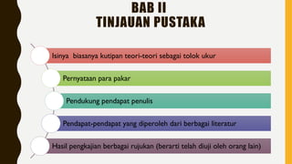BAB II
TINJAUAN PUSTAKA
Isinya biasanya kutipan teori-teori sebagai tolok ukur
Pernyataan para pakar
Pendukung pendapat penulis
Pendapat-pendapat yang diperoleh dari berbagai literatur
Hasil pengkajian berbagai rujukan (berarti telah diuji oleh orang lain)
 