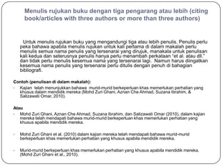 Menulis rujukan buku dengan tiga pengarang atau lebih (citing
      book/articles with three authors or more than three authors)


     Untuk menulis rujukan buku yang mengandungi tiga atau lebih penulis. Penulis perlu
    peka bahawa apabila menulis rujukan untuk kali pertama di dalam makalah perlu
    menulis semua nama penulis yang tersenarai yang dirujuk, manakala untuk penulisan
    kali kedua dan seterusnya penulis hanya perlu menambah perkataan “et al. atau dll.”
    dan tidak perlu menulis kesemua nama yang tersenarai lagi. Namun harus diingatkan
    kesemua nama penulis yang tersenarai perlu ditulis dengan penuh di bahagian
    bibliografi.

Contoh (penulisan di dalam makalah):
• Kajian telah menunjukkan bahawa murid-murid berkeperluan khas memerlukan perhatian yang
  khusus dalam mendidik mereka (Mohd Zuri Ghani, Aznan Che Ahmad, Suzana Ibrahim, &
  Salizawati Omar, 2010).

Atau
• Mohd Zuri Ghani, Aznan Che Ahmad, Suzana Ibrahim, dan Salizawati Omar (2010), dalam kajian
   mereka telah mendapati bahawa murid-murid berkeperluan khas memerlukan perhatian yang
   khusus apabila mendidik mereka.

•   Mohd Zuri Ghani et al. (2010) dalam kajian mereka telah mendapati bahawa murid-murid
    berkeperluan khas memerlukan perhatian yang khusus apabila mendidik mereka.

•   Murid-murid berkeperluan khas memerlukan perhatian yang khusus apabila mendidik mereka.
    (Mohd Zuri Ghani et al., 2010).
 