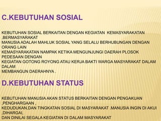 C.KEBUTUHAN SOSIAL
KEBUTUHAN SOSIAL BERKAITAN DENGAN KEGIATAN KEMASYARAKATAN
,BERMASYARAKAT
MANUSIA ADALAH MAHLUK SOSIAL YANG SELALU BERHUBUNGAN DENGAN
ORANG LAIN
KEMASYARAKATAN NAMPAK KETIKA MENGUNJUNGI DAERAH PLOSOK
PEDESAAN DENGAN
KEGIATAN GOTONG ROYONG ATAU KERJA BAKTI WARGA MASYARAKAT DALAM
DALAM
MEMBANGUN DAERAHNYA .
D.KEBUTUHAN STATUS
KEBUTUHAN MANUSIA AKAN STATUS BERKAITAN DENGAN PENGAKUAN
,PENGHARGAAN ,
KEDUDUKAN,DAN TINGKATAN SOSIAL DI MASYARAKAT .MANUSIA INGIN DI AKUI
,DIHARGAI,
DAN DINILAI SEGALA KEGIATAN DI DALAM MASYARAKAT
 