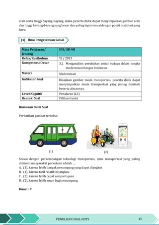 15PENULISAN SOAL HOTS
(1)
arah serta tinggi bayang-bayang, maka peserta didik dapat menyimpulkan gambar arah
dan tinggi bayang-bayang yang benar dan paling tepat sesuai dengan posisi matahari yang
baru.
(4) Ilmu Pengetahuan Sosial
Mata Pelajaran/
Jenjang
IPS/ SD-MI
Kelas/Kurikulum VI / 2013
Kompetensi Dasar 3.2 Menganalisis perubahan sosial budaya dalam rangka
modernisasi bangsa Indonesia
Materi Modernisasi
Indikator Soal Disajikan gambar moda transportasi, peserta didik dapat
menyimpulkan moda transportasi yang paling diminati
beserta alasannya.
Level Kognitif Penalaran (L3)
Bentuk Soal Pilihan Ganda
Rumusan Butir Soal
Perhatikan gambar tersebut!
Sesuai dengan perkembangan teknologi transportasi, jenis transportasi yang paling
diminati masyarakat perkotaan adalah ….
A. (1), karena lebih banyak penumpang yang dapat diangkut
B. (1), karena tarif relatif terjangkau
C. (2), karena lebih cepat sampai tujuan
D. (2), karena lebih aman bagi penumpang
Kunci : C
(2)
 