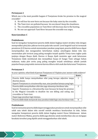 31PENULISAN SOAL HOTS
Pertanyaan 2
Which one is the most possible happen if Towjatuwa broke his promise to the magical
crocodile?
A. He will lose his new-born son because the baby eaten by the crocodile.
B. The Tami river are polluted because his son doesn’t keep the cleanliness.
C. The crocodiles population on Tami River will decrease due to the hunting.
D. No one can approach Tami River because the crocodile was angry.
Kunci Jawaban: C
Pembahasan:
Soal ini mengukur kompetensi peserta didik dalam lingkup materi struktur teks dengan
memprediksi plot/alur pikiran tersirat pada teks naratif. Level kognitif soal ini termasuk
penalaran (L3) karena untuk menemukan jawaban yang tepat, peserta didik harus dapat
menyimpulkan dan menganalisis keterkaitan makna antarbagian dalam teks lalu
menentukan plot tersirat yang paling mungkin terjadi apabila Towja tuwa ingkar pada
janjinya dengan Buaya Ajaib. Karena si Buaya Ajaib meminta agar anak keturunan
Towjatuwa tidak membunuh dan menjadikan buaya di Sungai Tami sebagai bahan
makanan, maka plot cerita yang paling mungkin terjadi setelahnya adalah jumlah
populasi buaya yang makin menurun karena diburu oleh anak dan keturunan Towjatuwa.
Pertanyaan 3
In your opinion, what kind of person Towjatuwa is? Explain your answer with evidence!
Answer Score
Peserta didik hanya menyebutkan sifat yang berupa adjective tanpa
disertai alasan.
Seperti Towjatuwa is a trustworthy man, atau jawaban lainnya yang logis.
1
Peserta didik menyebutkan sifat dan juga alasannya berdasar teks.
Seperti: Towjatuwa is a thrustworthy man because he keep his promise
to the Magical Crocodile to disallow his son killing and eating any
crocodiles in Tami river.
Dapat juga jawaban logis lainnya.
2
Peserta didik tidak menjawab atau jawaban tidak logis atau berdasar teks 0
Pembahasan:
Soal ini menuntut peserta didik dapat menggunakan penalaran untuk menyimpulkan sifat
salah satu tokoh dalam teks naratif setelah membaca keseluruhan isi teks. Selain
mengukur kompetensi peserta didik dalam lingkup materi Unsur Kebahasaan dalam
materi Referensi Makna, peserta didik juga diminta untuk memberikan alas an mengapa
kosakata tersebut yang dipilih untuk menggambarkan sifat tokoh.
 