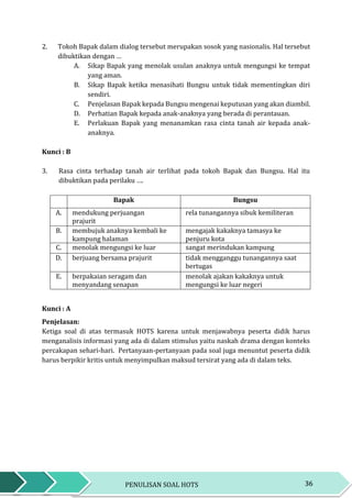36PENULISAN SOAL HOTS
2. Tokoh Bapak dalam dialog tersebut merupakan sosok yang nasionalis. Hal tersebut
dibuktikan dengan …
A. Sikap Bapak yang menolak usulan anaknya untuk mengungsi ke tempat
yang aman.
B. Sikap Bapak ketika menasihati Bungsu untuk tidak mementingkan diri
sendiri.
C. Penjelasan Bapak kepada Bungsu mengenai keputusan yang akan diambil.
D. Perhatian Bapak kepada anak-anaknya yang berada di perantauan.
E. Perlakuan Bapak yang menanamkan rasa cinta tanah air kepada anak-
anaknya.
Kunci : B
3. Rasa cinta terhadap tanah air terlihat pada tokoh Bapak dan Bungsu. Hal itu
dibuktikan pada perilaku ….
T
a
t
i
Bapak Bungsu
A. mendukung perjuangan
prajurit
rela tunangannya sibuk kemiliteran
B. membujuk anaknya kembali ke
kampung halaman
mengajak kakaknya tamasya ke
penjuru kota
C. menolak mengungsi ke luar
negeri
sangat merindukan kampung
halamanD. berjuang bersama prajurit tidak mengganggu tunangannya saat
bertugas
E. berpakaian seragam dan
menyandang senapan
menolak ajakan kakaknya untuk
mengungsi ke luar negeri
Kunci : A
Penjelasan:
Ketiga soal di atas termasuk HOTS karena untuk menjawabnya peserta didik harus
menganalisis informasi yang ada di dalam stimulus yaitu naskah drama dengan konteks
percakapan sehari-hari. Pertanyaan-pertanyaan pada soal juga menuntut peserta didik
harus berpikir kritis untuk menyimpulkan maksud tersirat yang ada di dalam teks.
 