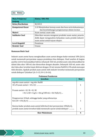 43PENULISAN SOAL HOTS
(6) Kimia
Mata Pelajaran/
Jenjang
Kimia/ SMA-MA
Kelas/Kurikulum XI/2013
Kompetensi Dasar 3.10 Menjelaskan konsep asam dan basa serta kekuatannya
dan kesetimbangan pengionannya dalam larutan
Materi Asam asetat/ asam cuka
Indikator Soal Diberikan wacana mengenai produksi asam asetat, peserta
didik dapat menganalisis kelayakan suatu produk industri
asam asetat untuk tujuan ekspor.
Level Kognitif Penalaran
Bentuk Soal Uraian
Rumusan Butir Soal
Industri asam asetat harus menghasilkan asam asetat dengan kadar minimal 10% (b/v)
untuk memenuhi persyaratan supaya produknya bisa diekspor. Hasil analisis di bagian
quality control menunjukkan bahwa sebanyak 10,0 mL produk asam cuka dimasukkan ke
dalam labu ukur 100 mL dan diencerkan dengan akuades. Sebanyak 10,0 mL asam cuka
dari labu ukur tersebut tepat dititrasi dengan 10 mL larutan NaOH 0,1 M untuk mencapai
titik ekivalen. Apakah produk asam asetat oleh industri tersebut memenuhi persyaratan
untuk diekspor? Jelaskan! (Ar C=12; H=1; O=16).
Pedoman Penskoran
Jawaban Skor
mg ekiv asam asetat = mg ekiv NaOH
10 x N asam asetat = 10 x 0,1 ………………………………………………
N asam asetat = 0,1 N = 0,1 M
= 0,1 x 60 = 6 g/L = 0,6 g/100 mL = 0,6 %(b/v)….
Pengenceran 10 kali, sehingga kadar yang sebenarnya
0,6 x10 = 6% (b/v) ……………………………………………………………...
Karena kadar produk asam asetat lebih kecil dari persyaratan 10%(b/v),
produk asam asetat tersebut tidak memenuhi syarat untuk diekspor ………..
1
1
1
1
Skor Maksimum 4
 