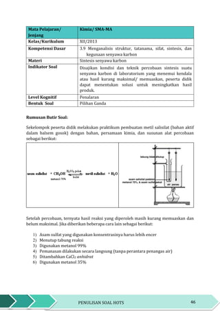 46PENULISAN SOAL HOTS
Mata Pelajaran/
Jenjang
Kimia/ SMA-MA
Kelas/Kurikulum XII/2013
Kompetensi Dasar 3.9 Menganalisis struktur, tatanama, sifat, sintesis, dan
kegunaan senyawa karbon
Materi Sintesis senyawa karbon
Indikator Soal Disajikan kondisi dan teknik percobaan sintesis suatu
senyawa karbon di laboratorium yang menemui kendala
atau hasil kurang maksimal/ memuaskan, peserta didik
dapat menentukan solusi untuk meningkatkan hasil
produk.
Level Kognitif Penalaran
Bentuk Soal Pilihan Ganda
Rumusan Butir Soal:
Sekelompok peserta didik melakukan praktikum pembuatan metil salisilat (bahan aktif
dalam balsem gosok) dengan bahan, persamaan kimia, dan susunan alat percobaan
sebagai berikut:
Setelah percobaan, ternyata hasil reaksi yang diperoleh masih kurang memuaskan dan
belum maksimal. Jika diberikan beberapa cara lain sebagai berikut:
1) Asam sulfat yang digunakan konsentrasinya harus lebih encer
2) Menutup tabung reaksi
3) Digunakan metanol 99%
4) Pemanasan dilakukan secara langsung (tanpa perantara penangas air)
5) Ditambahkan CaCl2 anhidrat
6) Digunakan metanol 35%
 