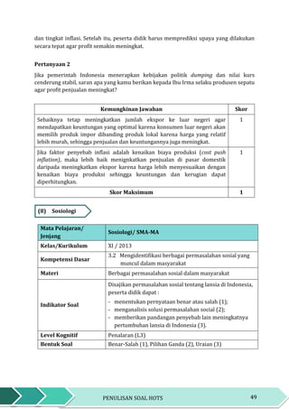 49PENULISAN SOAL HOTS
dan tingkat inflasi. Setelah itu, peserta didik harus memprediksi upaya yang dilakukan
secara tepat agar profit semakin meningkat.
Pertanyaan 2
Jika pemerintah Indonesia menerapkan kebijakan politik dumping dan nilai kurs
cenderung stabil, saran apa yang kamu berikan kepada Ibu Irma selaku produsen sepatu
agar profit penjualan meningkat?
Kemungkinan Jawaban Skor
Sebaiknya tetap meningkatkan jumlah ekspor ke luar negeri agar
mendapatkan keuntungan yang optimal karena konsumen luar negeri akan
memilih produk impor dibanding produk lokal karena harga yang relatif
lebih murah, sehingga penjualan dan keuntungannya juga meningkat.
1
Jika faktor penyebab inflasi adalah kenaikan biaya produksi (cost push
inflation), maka lebih baik menignkatkan penjualan di pasar domestik
daripada meningkatkan ekspor karena harga lebih menyesuaikan dengan
kenaikan biaya produksi sehingga keuntungan dan kerugian dapat
diperhitungkan.
1
Skor Maksimum 1
(8) Sosiologi
Mata Pelajaran/
Jenjang
Sosiologi/ SMA-MA
Kelas/Kurikulum XI / 2013
Kompetensi Dasar
3.2 Mengidentifikasi berbagai permasalahan sosial yang
muncul dalam masyarakat
Materi Berbagai permasalahan sosial dalam masyarakat
Indikator Soal
Disajikan permasalahan sosial tentang lansia di Indonesia,
peserta didik dapat :
- menentukan pernyataan benar atau salah (1);
- menganalisis solusi permasalahan social (2);
- memberikan pandangan penyebab lain meningkatnya
pertumbuhan lansia di Indonesia (3).
Level Kognitif Penalaran (L3)
Bentuk Soal Benar-Salah (1), Pilihan Ganda (2), Uraian (3)
 