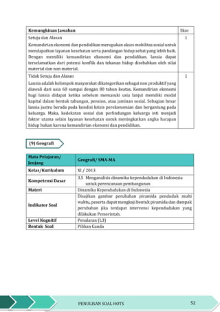 52PENULISAN SOAL HOTS
Kemungkinan Jawaban Skor
Setuju dan Alasan
Kemandirian ekonomi dan pendidikan merupakan akses mobilitas sosial untuk
mendapatkan layanan kesehatan serta pandangan hidup sehat yang lebih baik.
Dengan memiliki kemandirian ekonomi dan pendidikan, lansia dapat
terselamatkan dari potensi konflik dan tekanan hidup disebabkan oleh nilai
material dan non material.
1
Tidak Setuju dan Alasan
Lansia adalah kelompok masyarakat dikategorikan sebagai non produktif yang
diawali dari usia 60 sampai dengan 80 tahun keatas. Kemandirian ekonomi
bagi lansia didapat ketika sebelum memasuki usia lanjut memiliki modal
kapital dalam bentuk tabungan, pension, atau jaminan sosial. Sebagian besar
lansia justru berada pada kondisi krisis perekonomian dan bergantung pada
keluarga. Maka, kedekatan sosial dan perlindungan keluarga inti menjadi
faktor utama selain layanan kesehatan untuk meningkatkan angka harapan
hidup bukan karena kemandirian ekonomi dan pendidikan.
1
(9) Geografi
Mata Pelajaran/
Jenjang
Geografi/ SMA-MA
Kelas/Kurikulum XI / 2013
Kompetensi Dasar
3.5 Menganalisis dinamika kependudukan di Indonesia
untuk perencanaan pembangunan
Materi Dinamika Kependudukan di Indonesia
Indikator Soal
Disajikan gambar perubahan piramida penduduk multi
waktu, peserta dapat mengkaji bentuk piramida dan dampak
perubahan jika terdapat intervensi kependudukan yang
dilakukan Pemerintah.
Level Kognitif Penalaran (L3)
Bentuk Soal Pilihan Ganda
 