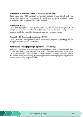 63PENULISAN SOAL HOTS
Apakah soal HOTS harus menuntut penyelesaian masalah?
Tidak semua soal HOTS menuntut penyelesaian masalah. Sebagai contoh soal yang
menanyakan asumsi dari pernyataan, ide pokok atau argumen, ketepatan suatu
kesimpulan, tidak menuntut penyelesaian masalah.
Apa ciri soal HOTS?
Ciri soal HOTS yang baik : 1) terdapat pengantar soal/stimulus, seperti teks, grafik, tabel,
sebagai bahan peserta untuk berpikir; 2) konteks atau masalah baru sehingga peserta
harus mengolah/berpikir, tidak dapat menjawab hanya berdasar ingatan.
Apakah level 3 (Penalaran) sama dengan HOTS?
Level 3, Penalaran dharapkan mengukur keterampilan berpikir tingkat tinggi dengan
menggunakan stimulus yang kontekstual.
Apa beda soal level 2 (Aplikasi) dengan level 3 (Penalaran)?
Soal level 2 menuntut penerapan pengetahuan (faktual/konseptual/prosedural) pada
situasi atau konteks yang familier; soal level 3 menuntut penerapan pengetahuan
(faktual/konseptual/prosedural) pada situasi atau konteks yanng baru sehingga ingatan
dan pemahaman saja tidak cukup, diperlukan proses berpikir lain yang lebih tinggi seperti
analisis, evaluasi atau berpikir kreatif.
 