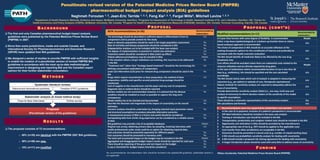 Penultimate revised version of the Patented Medicine Prices Review Board (PMPRB)
pharmaceutical budget impact analysis (BIA) guidelines
Naghmeh Foroutan 1, 2, Jean-Eric Tarride 1, 2, 3, Feng Xie1, 3, 4, Fergal Mills5, Mitchell Levine 1, 2, 3
1Department of Health Research Methods, Evidence and Impact, McMaster University, Hamilton, 2Programs for Assessment of Technology in Health, Research Institute of St. Joe’s Hamilton, Hamilton, ON; 3Centre for
Health Economics and Policy Analysis (CHEPA), McMaster University, ON, Canada; 4Program for Health Economics and Outcome Measures (PHENOM), Hamilton, ON, Canada; 5Innomar Consulting, Oakville, ON, Canada
BAC KG RO U N D
M E T H O D S
P RO P O S A L P RO P O S A L ( C O N T ’ D )
R E S U LT S
 The first and only Canadian pharmaceutical budget impact analysis
guidelines were published by the Patented Medicine Prices Review Board
(PMPRB) in 2007.
 Since then some jurisdictions, inside and outside Canada, and
International Society for Pharmacoeconomics and Outcomes Research
(ISPOR) have updated their BIA guidelines.
 We designed a series of studies to provide PMPRB with sufficient insights
to enable the creation of a penultimate version of revised PMPRB BIA
guidelines in accordance with the most up-to-date methodological
improvement in designing and reporting BIA and the Canadian expert
opinion for their further stakeholder consultation.
Proposal
(Penultimate version of the guidelines)
Stakeholder analysis (A mixed method study)
Face-to-face interviews Online survey
Systematic literature reviews
National and transnational guidelines Canadian (F/P/T) guidelines
 The proposal consists of 72 recommendations:
o 49% (n=35) are identical with the PMPRB 2007 BIA guidelines,
o 36% (n=26) are new,
o 15% (n=11) are modified.
NEW recommendations (n=26) Recommended by
Stakeholders
The technology should be described in sufficient detail to differentiate it from its
comparators and to provide context for the study
n/a
Open or dynamic populations should be used in the target population assessment Yes
Rate of mortality and disease progression should be considered in BIA Yes
Subpopulation analyses are to be included with the base-case analysis Yes
The degree of implementation is essential in market size estimation n/a
Treatment switch should be considered in BIAs (catch-up effect) Yes
Patient adherence/compliance may be included in BIAs Maybe
In the situation where a drug’s indications are evolving, this issue has to be addressed
in the BIA
Yes
“Treatment mix” rather than “strategy-based treatment” should be the terminology for
defining concomitant medications of comparators
n/a
Least Cost Alternative (LCA) price for relevant drug comparators should be used in the
BIA
Yes
Drugs which require reconstitution or dose preparation, the method of dose
preparation, stability and specifics around potential drug wastage should be
mentioned.
n/a
Cost of supplies to the manufacturer and the payer and any cost of companion
diagnostic test or medical device should be reported
n/a
Markov models are not recommended; however, it is advised that the disease
condition should be modeled as much as possible to capture the long-term
consequence
Yes
Model validity has to be checked and documented. n/a
Describe the direction and magnitude of the impact of uncertainty on the overall
estimates.
Yes
Scenario analyses should be undertaken by changing selected input parameter values
and structural assumptions to produce plausible alternative scenarios.
Yes
A reassessment process of BIAs in a future real-world should be considered Yes
Extrapolating data from similar drug experience can be considered as a reliable source
of data
Yes
BIA guidelines may provide a list of acceptable databases Maybe
Original cost survey, obtaining primary data, by sampling, involving interviews with
health professionals under study could be an option for obtaining required data.
n/a
Cost outcomes should be presented separately for different payers Yes
Cost outcomes should be presented in monetary units Yes
The total and incremental impact on the budget may be included in the BIA Maybe
Aggregated and disaggregated budget impact results should be reported for each year Yes
There should be reporting of the gross and net impact on the budget Yes
A cap or threshold for budget impact should be considered Yes
Modified recommendations (n=11)
Recommended by
stakeholders
A 3-year time horizon with some degree of flexibility is recommended Maybe
Either a top-down (epidemiological) or a bottom-up (market-share or claims-
based analyses) approach is recommended
n/a
The choice of comparators in BIA should be an accurate reflection of the
existing therapeutic options for the condition(s) of interest and preferably be
consistent with the health economic evaluation
n/a
The BIA should identify all medicines likely to be affected by the new drug
(treatment mix)
n/a
Cost offsets should be excluded unless there are substantial costs related to the
resource utilization and are directly required by drug plans
Maybe
In the case of medications where recommended duration of use is less than 30
days (e.g., antibiotics), this should be specified and the cost calculated
accordingly.
n/a
The BIA should clearly state which unit of analysis is adopted in measuring the
outcomes (e.g., per patient or episode of care, therapeutic equivalences)
n/a
Robust methods for sensitivity analysis are required to adequately address the
issue of uncertainty.
n/a
Provide deterministic sensitivity analysis (DSA) (i.e., one-way, multi-way and
analysis of extremes) to inform decision-makers of the sensitivity of the model
to specific assumptions
n/a
There should be a schematic representation of the uncertainty analysis Yes
BIA calculations and formula n/a
# Recommendations were not supported by stakeholders and excluded
1 In the case of co-payment, inclusion of a patient’s perspective is recommended
2 Off-label indications should be included in the base-case analysis
3 Training or introduction cost should be included in the BIA
4 Transportation, productivity and caregiver related costs should be included in the BIA
5 Opportunity cost estimation in BIAs should be provided by the manufacturers
6 An appropriate rate of tax (e.g. HST) should be applied to the applicable costs
7 Cost transfer from other jurisdictions are acceptable in the BIA
8 Outcomes should be presented in natural units (e.g. number of unpaid working days)
9 A BIA should use probabilistic sensitivity analysis for dealing with uncertainty
10 A BIA should include a proposed risk sharing agreement for dealing with uncertainty
11 A longer introduction phase should be used with early BIAs to address issues of uncertainty
F U N D I N G
Mitacs Accelerate; Patented Medicine Prices Review Board (PMPRB)Yes: recommended by the stakeholders; N/A: should be included in the updated BIA guidelines, stakeholder opinion is
not applicable
 