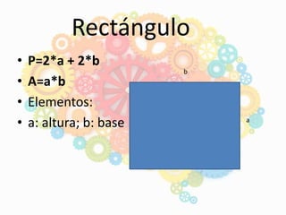 Rectángulo
• P=2*a + 2*b
• A=a*b
• Elementos:
• a: altura; b: base a
b
 