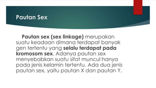 Pautan Sex
Pautan sex (sex linkage) merupakan
suatu keadaan dimana terdapat banyak
gen tertentu yang selalu terdapat pada
kromosom sex. Adanya pautan sex
menyebabkan suatu sifat muncul hanya
pada jenis kelamin tertentu. Ada dua jenis
pautan sex, yaitu pautan X dan pautan Y.
 