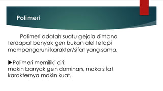 Polimeri
Polimeri adalah suatu gejala dimana
terdapat banyak gen bukan alel tetapi
mempengaruhi karakter/sifat yang sama.
Polimeri memiliki ciri:
makin banyak gen dominan, maka sifat
karakternya makin kuat.
 