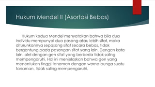 Hukum Mendel II (Asortasi Bebas)
Hukum kedua Mendel menyatakan bahwa bila dua
individu mempunyai dua pasang atau lebih sifat, maka
diturunkannya sepasang sifat secara bebas, tidak
bergantung pada pasangan sifat yang lain. Dengan kata
lain, alel dengan gen sifat yang berbeda tidak saling
mempengaruhi. Hal ini menjelaskan bahwa gen yang
menentukan tinggi tanaman dengan warna bunga suatu
tanaman, tidak saling mempengaruhi.
 