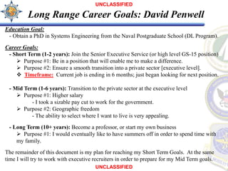 UNCLASSIFIED

          Long Range Career Goals: David Penwell
Education Goal:
 - Obtain a PhD in Systems Engineering from the Naval Postgraduate School (DL Program).

Career Goals:
 - Short Term (1-2 years): Join the Senior Executive Service (or high level GS-15 position)
     Purpose #1: Be in a position that will enable me to make a difference.
     Purpose #2: Ensure a smooth transition into a private sector [executive level].
     Timeframe: Current job is ending in 6 months; just began looking for next position.

 - Mid Term (1-6 years): Transition to the private sector at the executive level
     Purpose #1: Higher salary
          - I took a sizable pay cut to work for the government.
     Purpose #2: Geographic freedom
          - The ability to select where I want to live is very appealing.

 - Long Term (10+ years): Become a professor, or start my own business
     Purpose #1: I would eventually like to have summers off in order to spend time with
    my family.

The remainder of this document is my plan for reaching my Short Term Goals. At the same
time I will try to work with executive recruiters in order to prepare for my Mid Term goals.
                                       UNCLASSIFIED
 